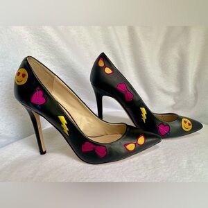 Betsey Johnson Black and Yellow Emoji Heels